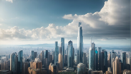 A majestic view of a cityscape, with its towering buildings surrounding skyline and clouds