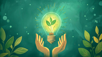 Hands holding a light bulb with growing plant inside. Alternative sources renewable. Conceptual illustration of sustainable energy and environmental protection for poster, banner, eco-themed design.