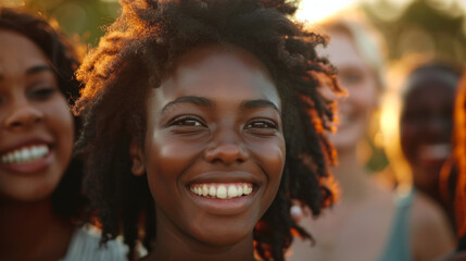 Young diverse people having fun outdoor laughing together - Diversity concept - Main focus on african girl face Stock Photo photography