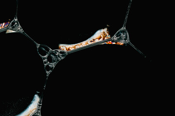 Close-up of soap foam bubbles with iridescent surface areas on a black background