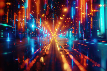 Fototapeta premium Abstract background with neon sparkle lines and defocused lights in blue, orange and purple color 