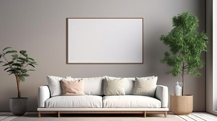 Elegant living room featuring plush furnishings and a central poster frame mockup, perfectly positioned to enhance home decor and visual aesthetics
