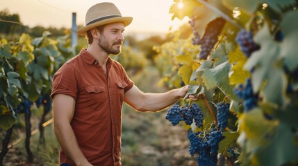 Fototapeta premium Man Harvesting Grapes in Vineyard
