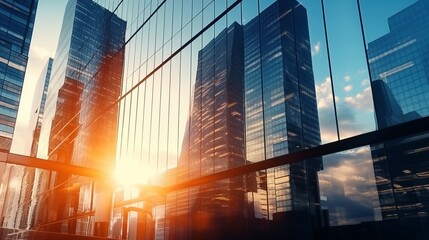 Reflective skyscrapers, business office buildings. Low angle photography of glass curtain wall details of high-rise buildings.