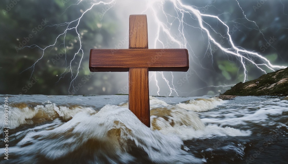 Wall mural The Wooden Christian Cross In The Rough Water While The Storm.  - Wall murals