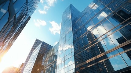 Reflective skyscrapers, business office buildings. Low angle photography of glass curtain wall details of high-rise buildings.