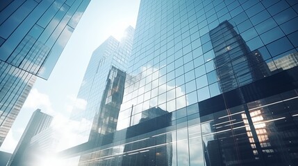 Reflective skyscrapers, business office buildings. Low angle photography of glass curtain wall details of high-rise buildings.