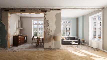 renovation concept , apartment before and after restoration or refurbishment.