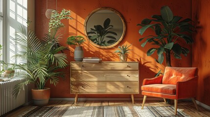 Stylish interior design of living room with retro style furniture and decor. Cozy home furnished with wall mirrors, chairs, chests of drawers, desk lamps, and potted plants. Modern illustration in