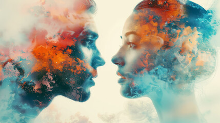 Artistic representation of a couple merging with cosmic elements