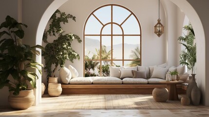 Chic modern home hall with a Boho and Mediterranean twist, showcasing elegant arched walls and vibrant decorative elements for a warm entryway