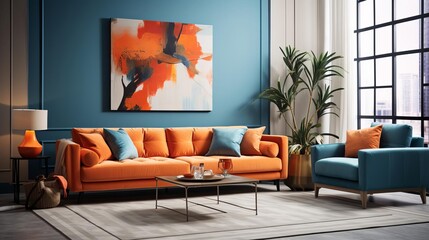 Chic modern living room with Hollywood glam decor, showcasing a striking orange sofa complemented by blue pillows and a stylish poster frame against the wall
