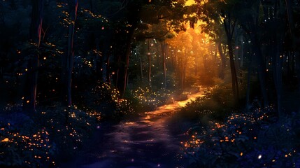 Enchanted Evening: Exploring a Forest Path Under the Night Sky