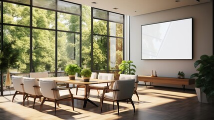 Fototapeta premium Chic office layout with a dualpurpose lounge and conference space near a window, showcasing a mockup frame for potential artwork or advertising