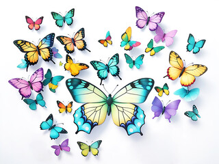 Un grupo de mariposas coloridas sobre un fondo blanco. Vista de cerca. Ai Generativa