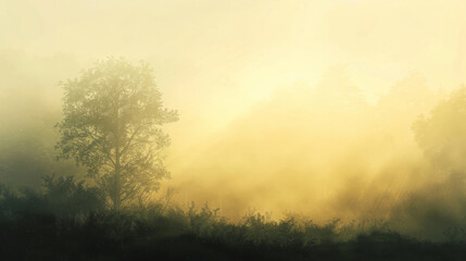 Mystical morning landscape with sunlight and trees