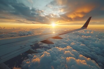 A breathtaking aerial perspective with the setting sun casting a golden glow over a sea of clouds, featuring prominently the wing of the plane