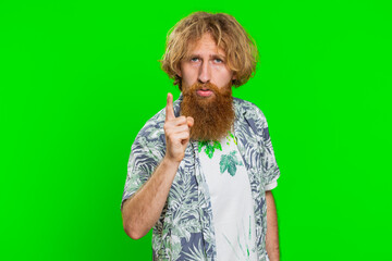 Quarrel. Displeased aggressive unhappy man gesturing hands with irritation and displeasure, blaming scolding for failure asking why this happened. Redhead bearded guy isolated on chroma key background