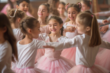 Happy group of children in a ballet class, smiling and dancing together, wearing pink tutus. The realistic photo shoot was created with a Nikon D850 DSLR camera using an f/2 aperture lens at ISO400 to