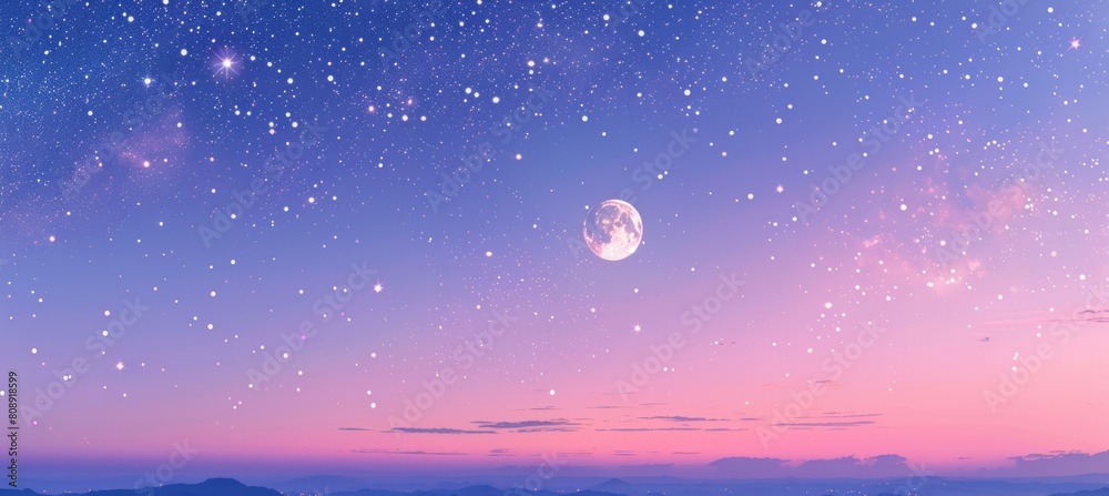 Wall mural dusk beautiful sky with moon and stars. nature panoramic view. generative ai technology.