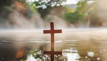 The Wooden Christian Cross In The Misty, Foggy Water.