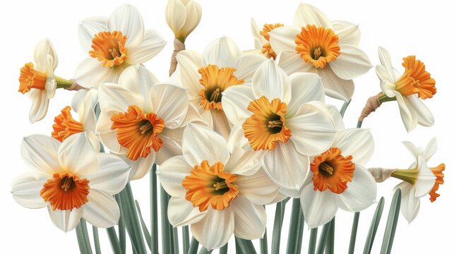 Floral bundle of blossomed daffodils, narcissus bouquet. Hand-drawn modern illustration of realistic botany. Background: white.