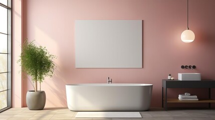 Contemporary bathroom design in 3D render featuring a soft pink wall with a blank framed poster, terrazzo floor, and abundant natural light