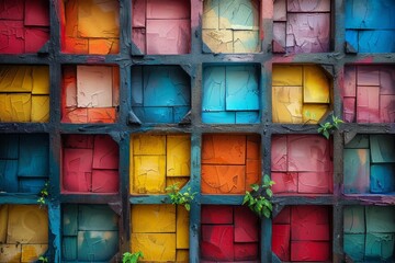 A colorful, painted brick wall pattern with organically growing plants, representing urban art and nature coexisting