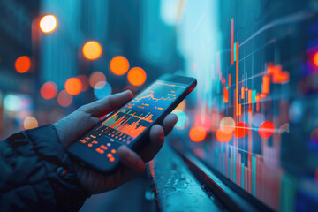 Close up hand of a businessman holding a smartphone and stock market graph on screen. Stock market investment and trading concept.