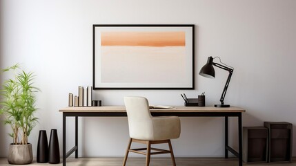 Contemporary home office with a minimalist design, highlighted by a series of sleek black frames on a white wall, creating a clean and organized aesthetic