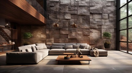 Contemporary home with a loft interior design, showcasing brown sofas against a textured stone tile cladding wall under a soaring high ceiling