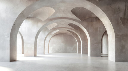 A large empty hall with beautiful modern architectural elements, like round arches, intersecting volumes and intricate details, concrete, neutral tones. 