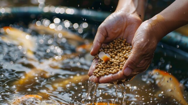 Feed the fish, close up brown pellets feeds for fish in hand, feed fish from feeding food on water surface ponds on water surface ponds, fish farm