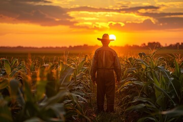 Fototapeta premium An individual dressed in overalls and a cowboy hat stands facing a breathtaking sunset in the midst of a lush field