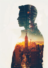 Double exposure portrait photo, a man and city space blend together, abstract mentation, philosophy, property market, stock market, businessman, business, big city life. Vertical poster for wall.