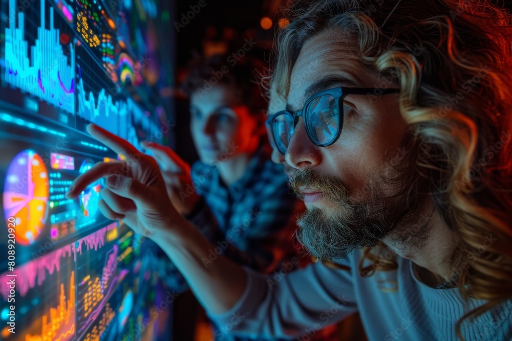 Poster an individual is seen interacting with multiple screens displaying colorful complex data visualizati
