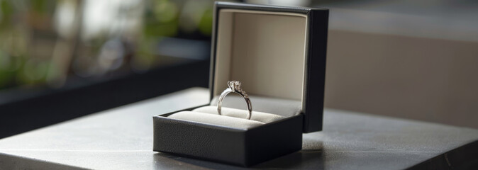 Stylish Modern Engagement Ring In Black Luxurious Presentation Box. Generative AI