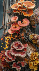 Vibrant Fungi Collection: Nature's Recycling Process Illustrated in Vivid Detail on a Decaying Log
