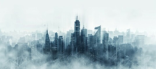 Misty clouds city buildings background. Urban downtown metropolis panorama. Generative AI technology.	
