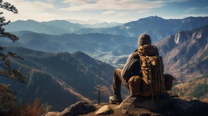 Travel lifestyle shot of a solo adventurer overlooking a mountain vista, capturing the spirit of exploration and freedom
