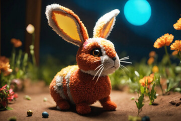 Eared rabbit toy. Kid soft toy at night light in garden. - 808921776