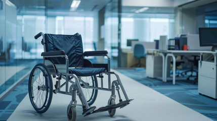 Image of a wheelchair in an accessible modern office environment, symbolizing equity and accessibility