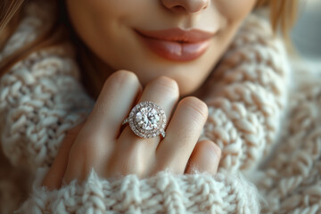 Photography of an european model showing off a diamond ring, earrings or necklace. You can use it in your advertising or other high quality prints.