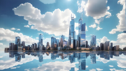 Skyscrapers with reflective surfaces capturing the surrounding skyline and clouds