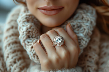 Photography of an european model showing off a diamond ring, earrings or necklace. You can use it in your advertising or other high quality prints.