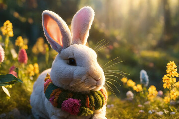 White rabbit in sunny summer forest - 808922367