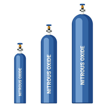 Medical nitrous oxide gas, stored in white bins of various sizes at hospitals and other health care facilities. For medical use. Flat design.