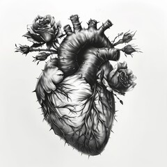 Black and white anatomical heart with roses and thorns illustration