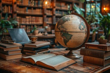 An antique-style globe among books, suggesting a merger of traditional knowledge and modern technology in a cozy study