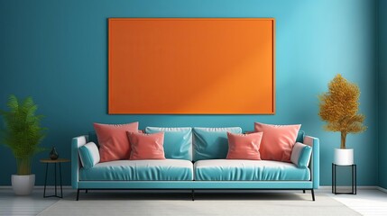 Luxurious modern living room in Hollywood glam style, highlighting a bold orange sofa with contrasting blue pillows, against a wall featuring a sophisticated poster frame
